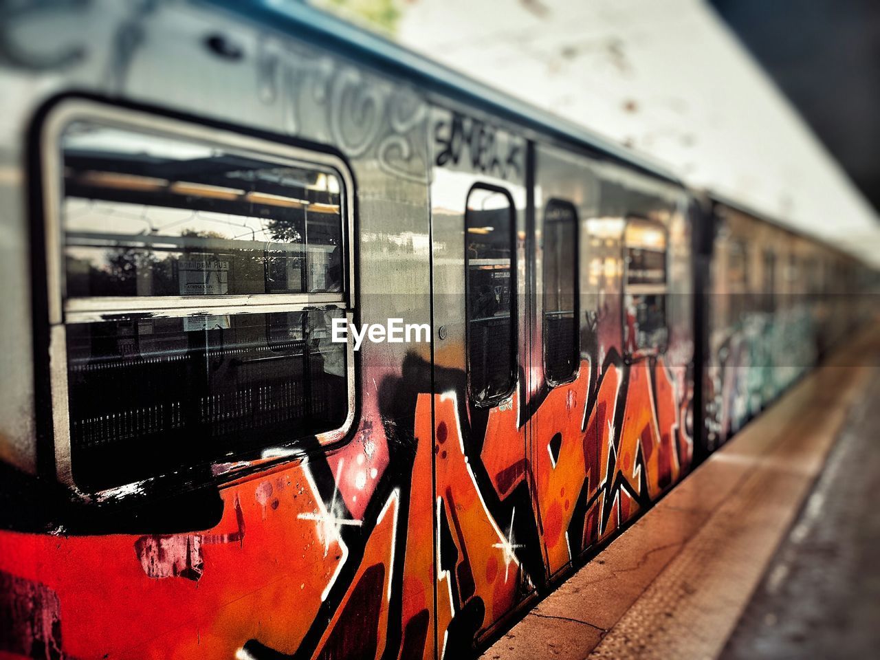 Graffiti on subway train at subway station