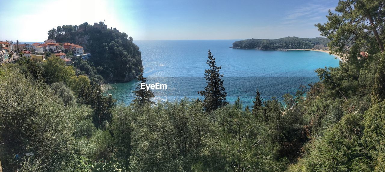 PANORAMIC VIEW OF SEA AND TREES AGAINST SKY