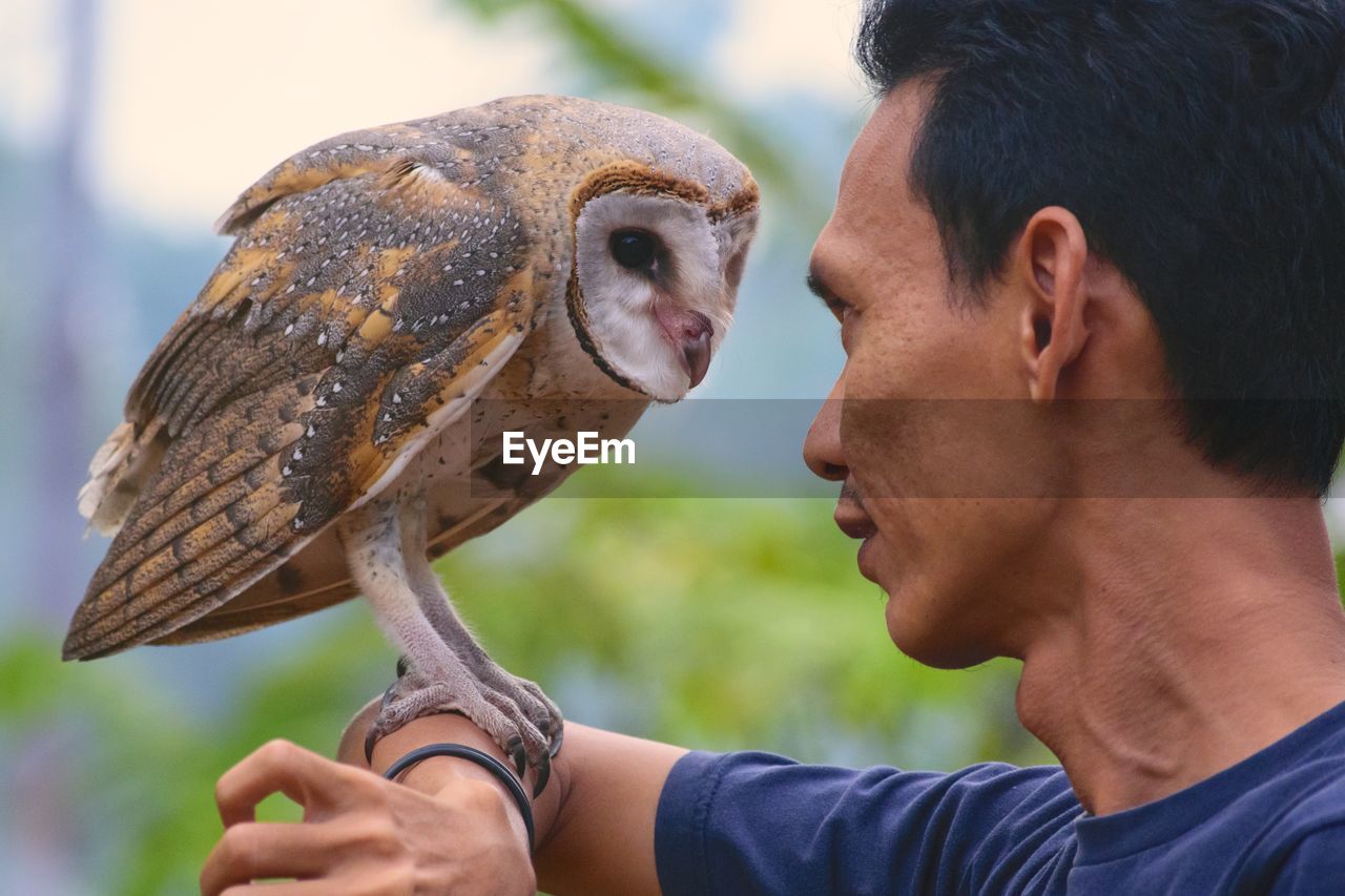 Close-up of man holding owl on hand