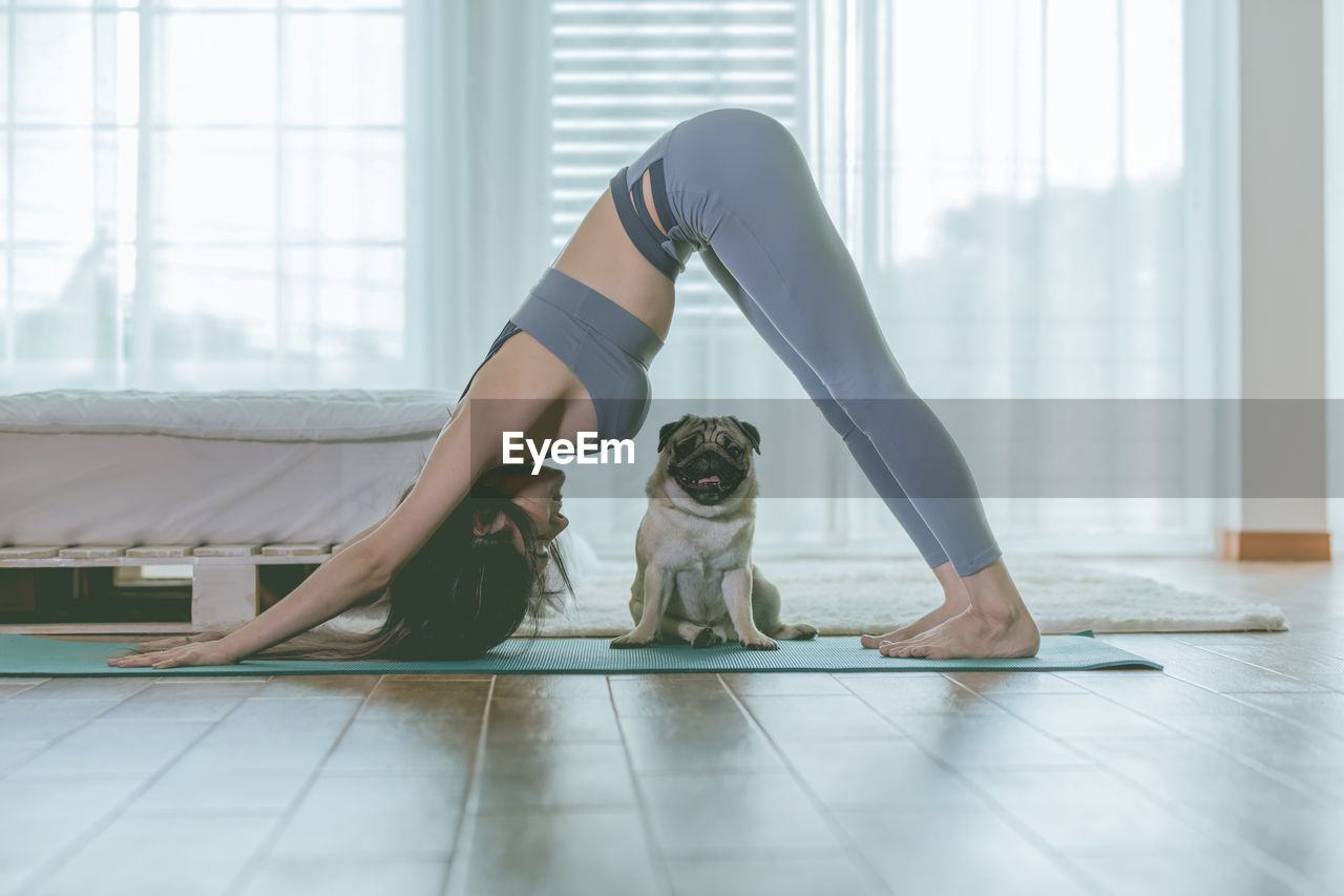 Full length side view of woman exercising at home with dog