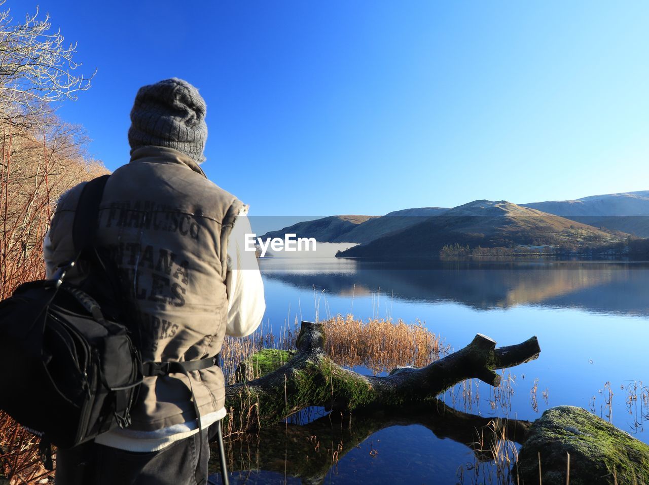 REAR VIEW OF LAKE AGAINST CLEAR SKY