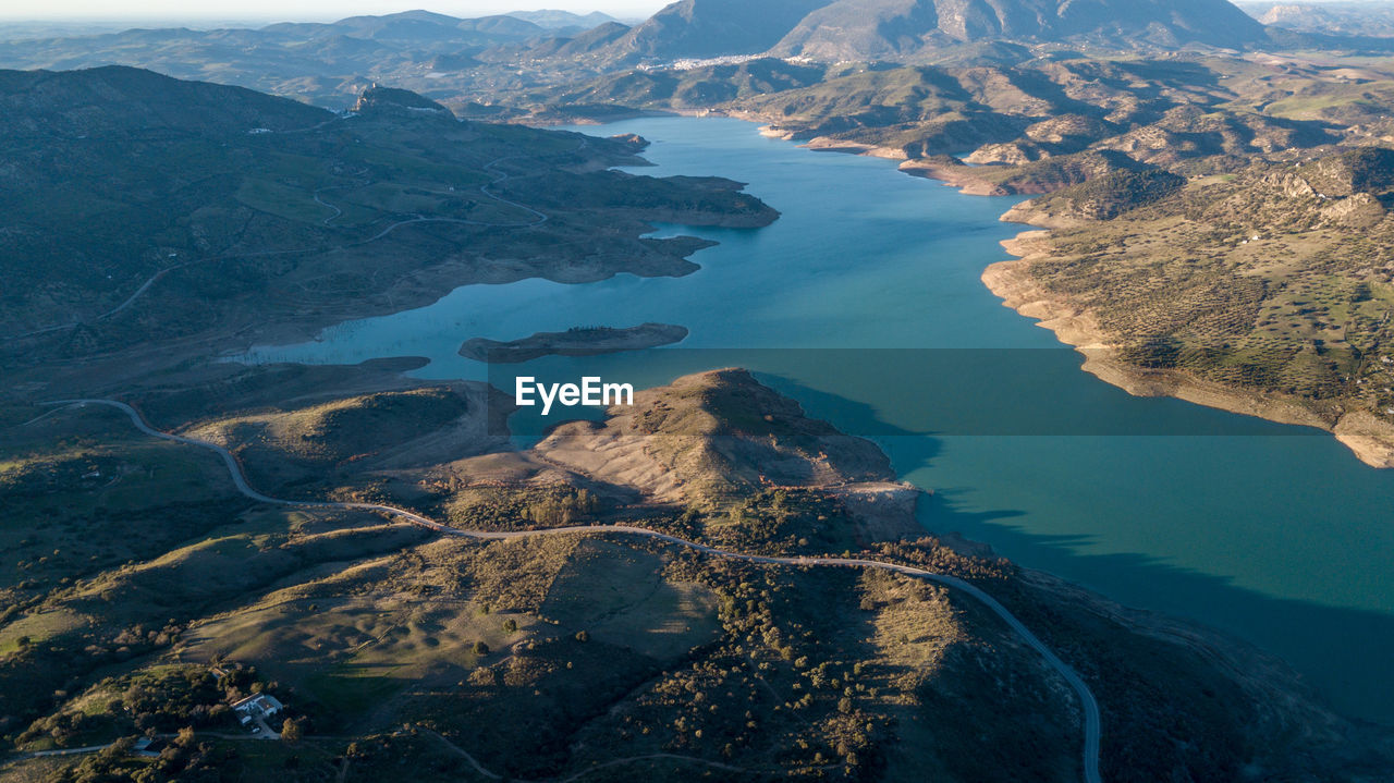 High angle view of sea and mountains