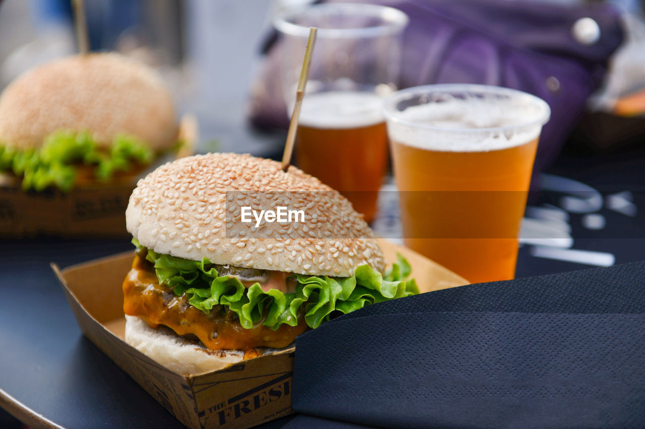 Close-up of burger on table