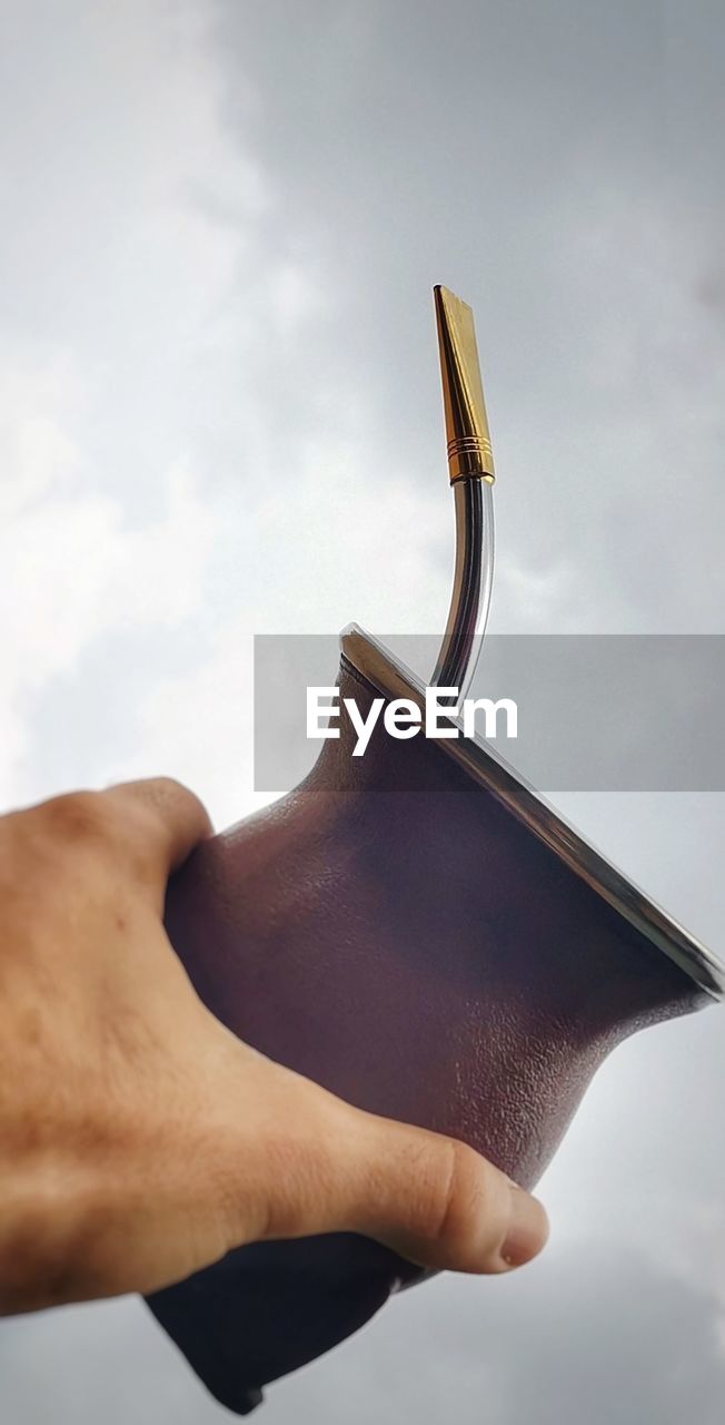 Cropped hand of person holding container against sky