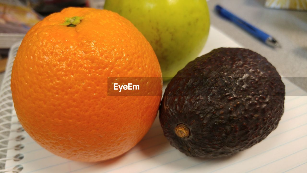 Close-up of orange and avocado on spiral notebook