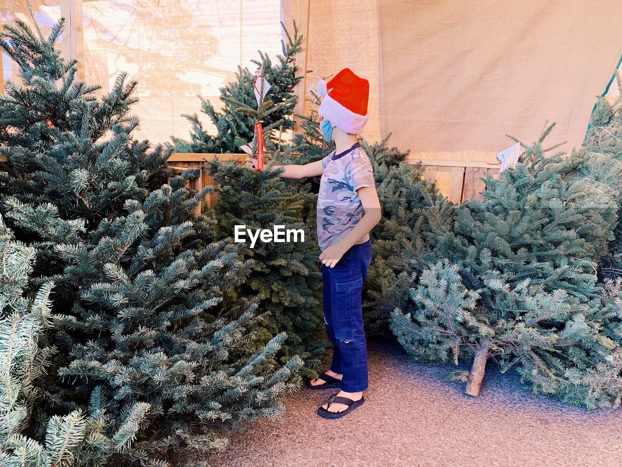 Man standing by christmas tree with mask