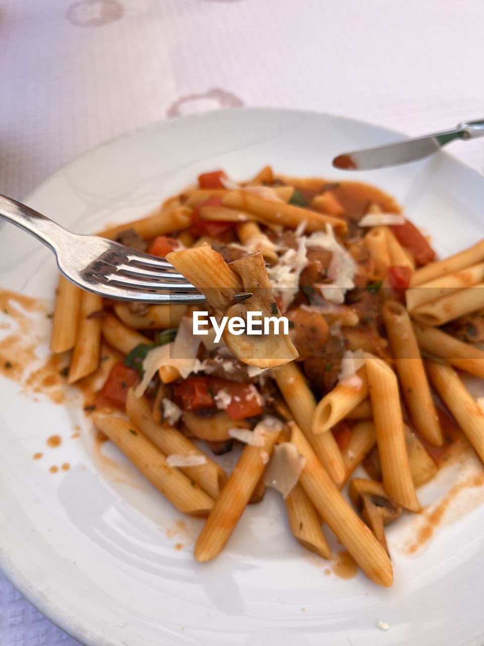 A pasta dish with meat and mushrooms