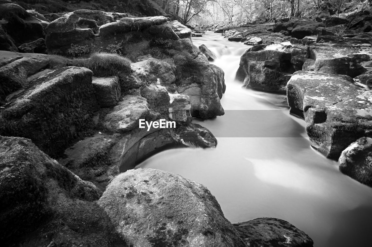 View of stream flowing between rocks