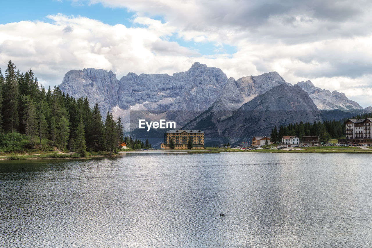 The view of lake misurina and mount sorapiss taken during summer. dolomite, italy.