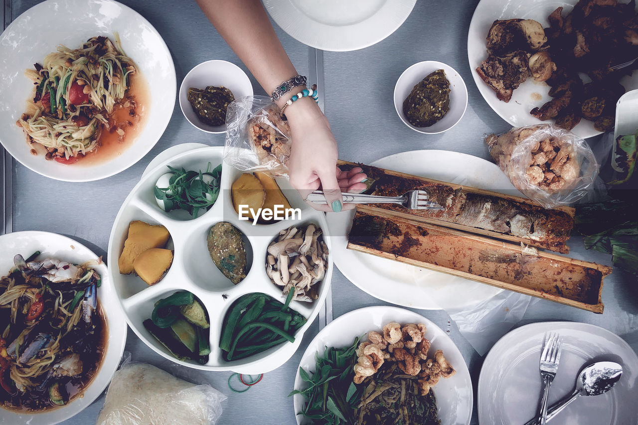 High angle view of food on table