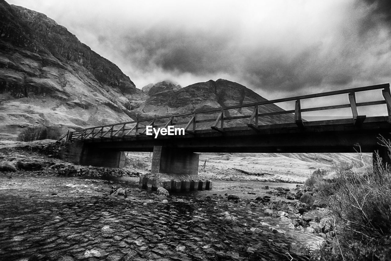 BRIDGE OVER RIVER AGAINST MOUNTAIN