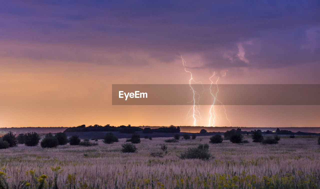 Scenic view of lightning over field against sky during sunset