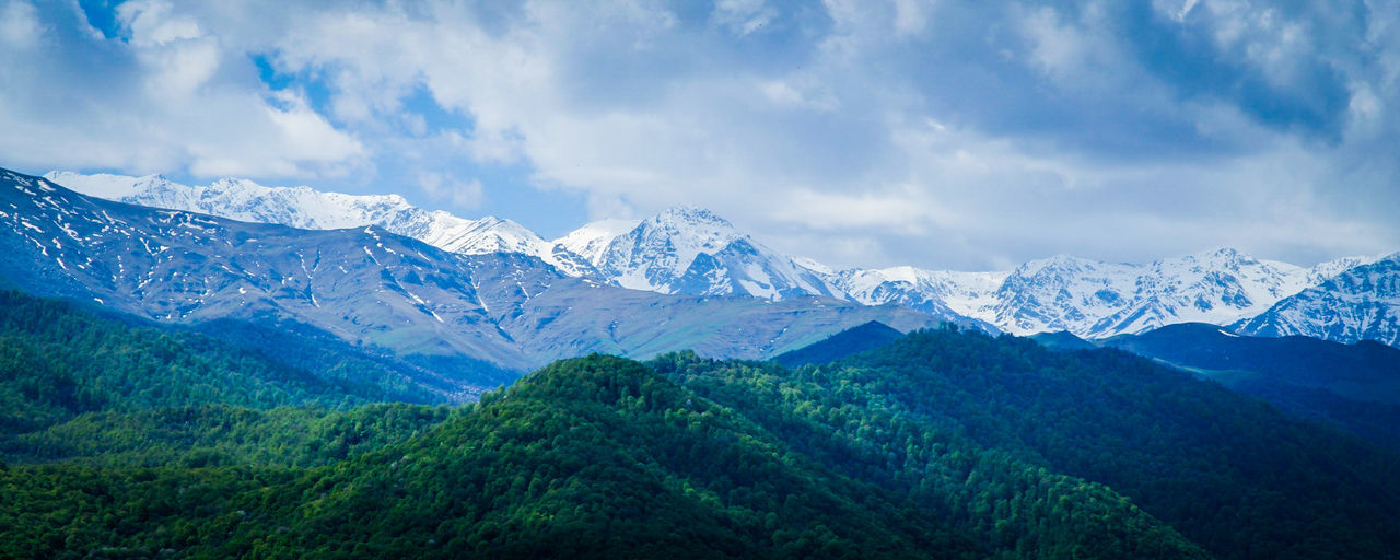 Scenic view of mountains against cloudy sky