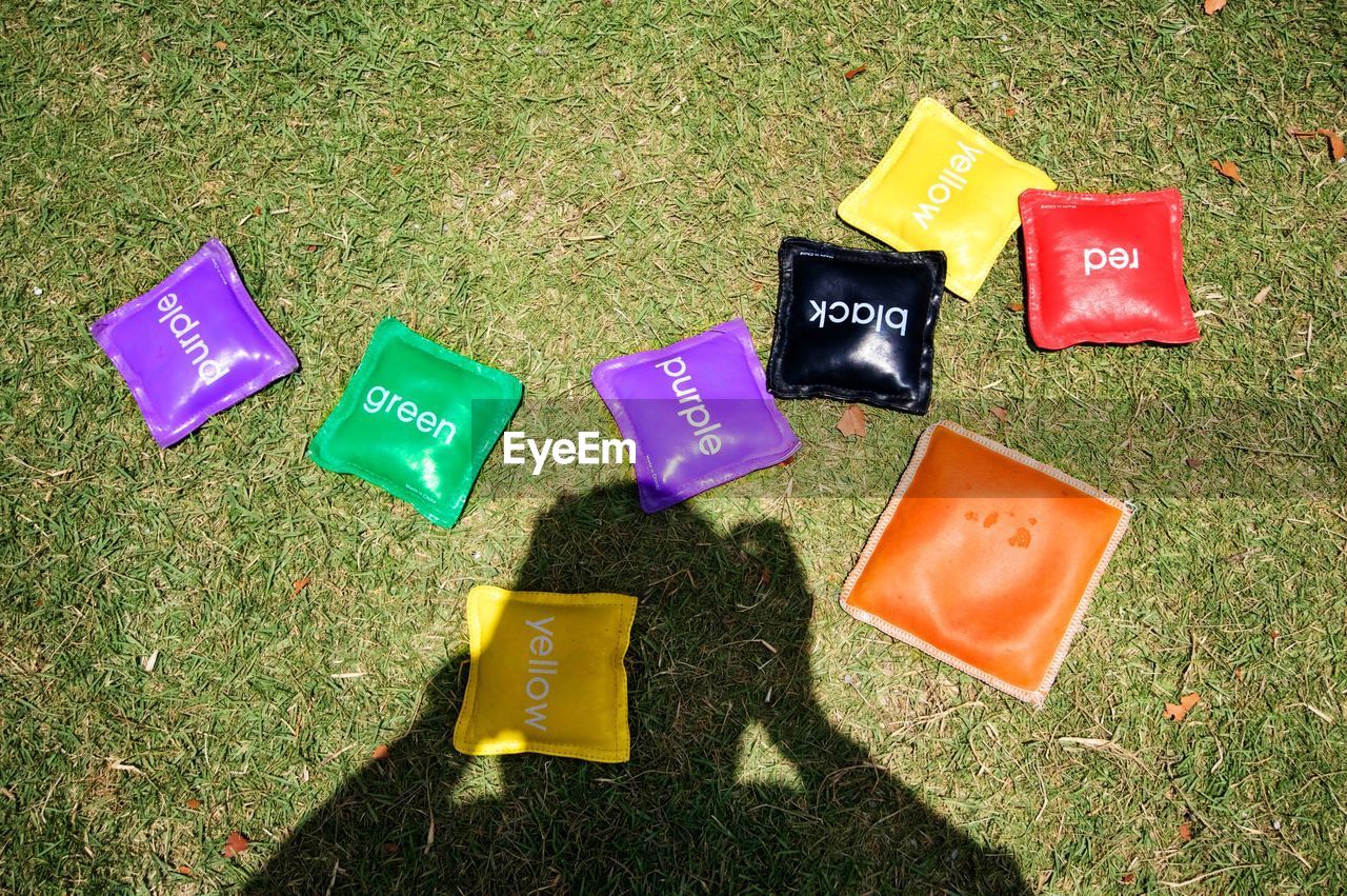 High angle view of colorful bags on grassy field