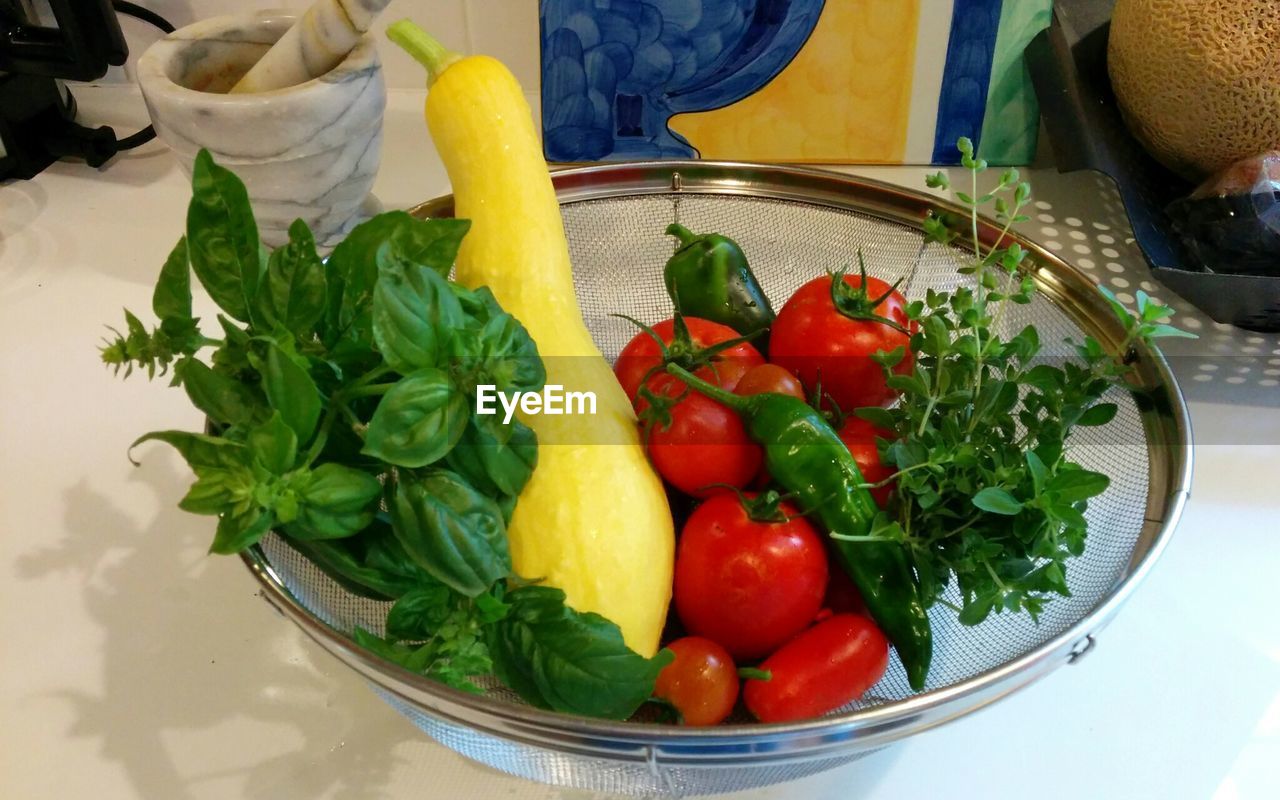 High angle view of vegetables in bowl on table