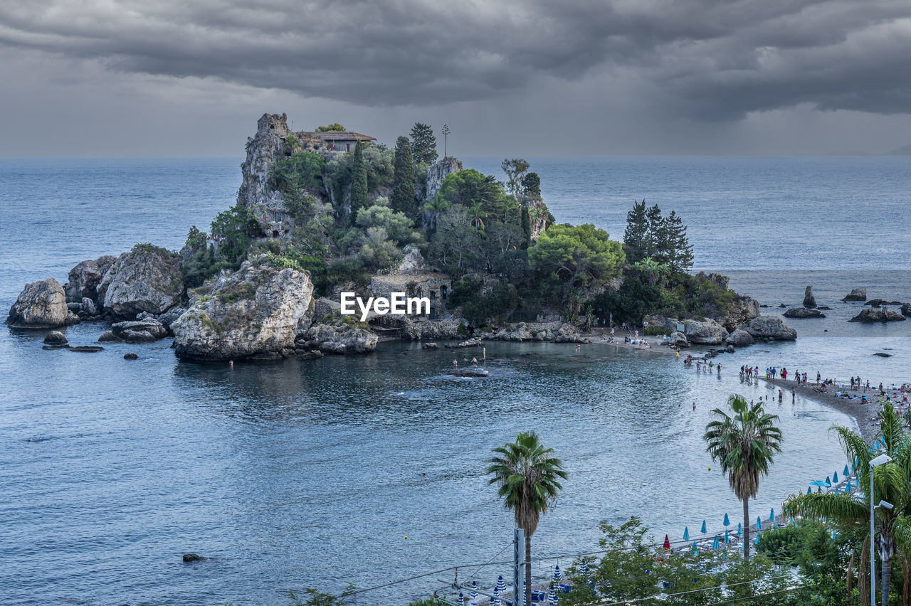 The beautiful isola bella in taormina before a storm