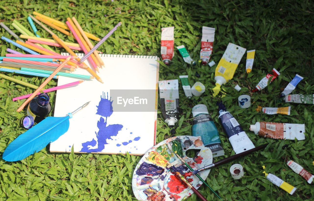 High angle view of painting equipment on grassy field