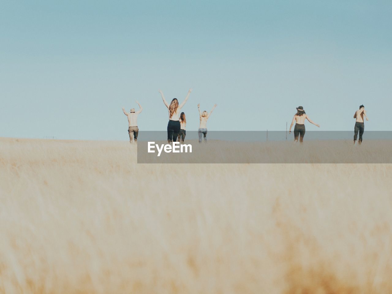 Rear view of friends enjoying on grassy field against sky