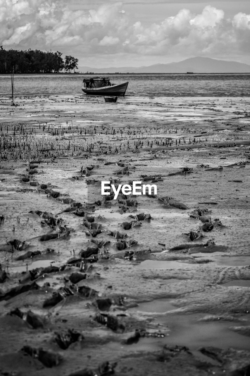 BOATS ON BEACH AGAINST SKY