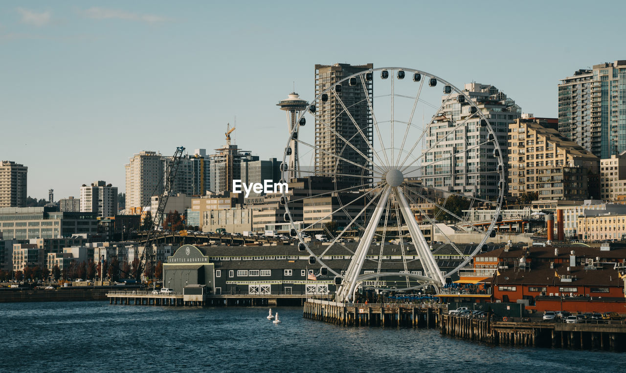 Seattle cityscape with ferry wheel