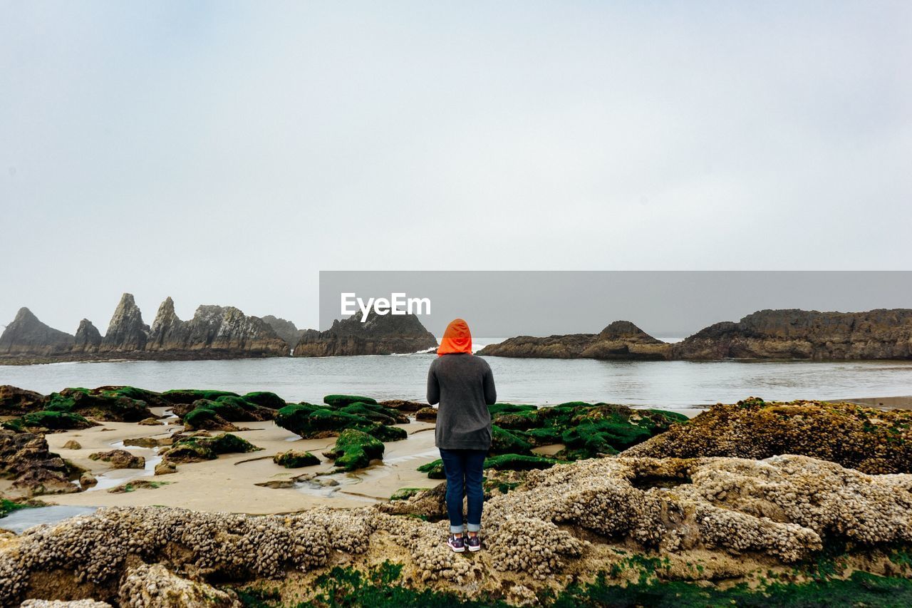 Rear view of woman standing on rock at shore