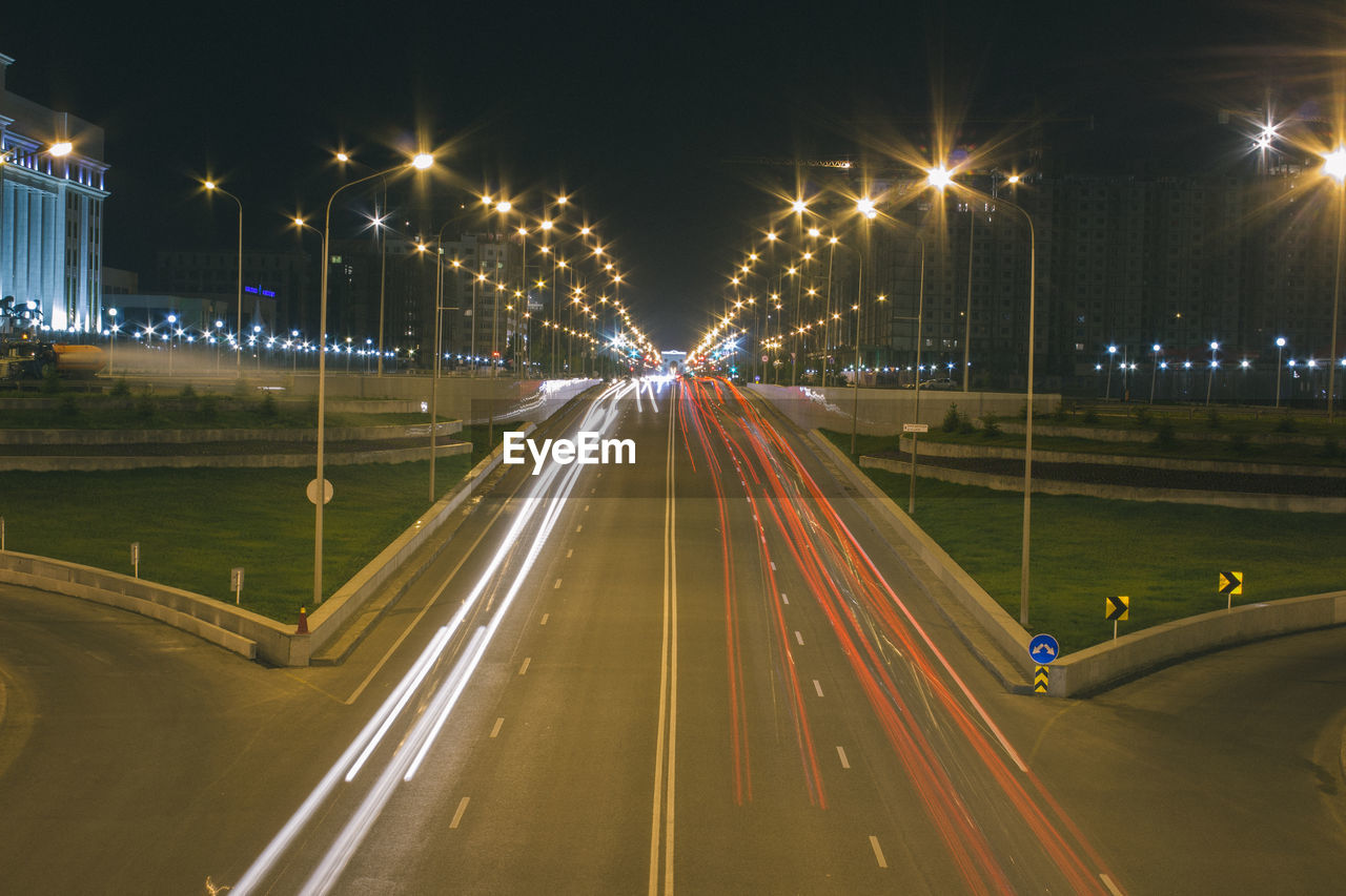 Light trails on road at night