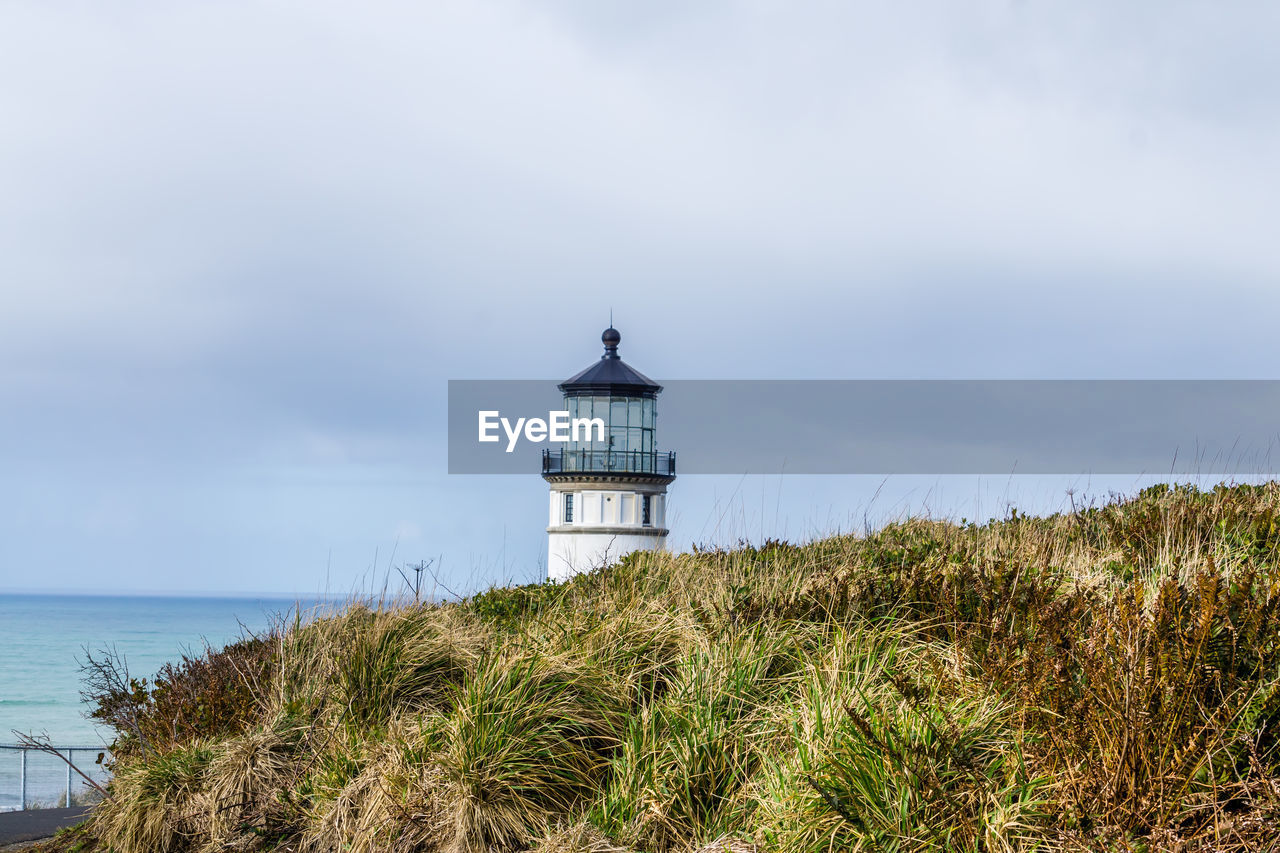 A view of the top of a lighthouse at cape disappointment state park.