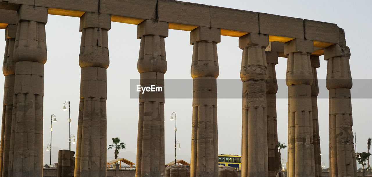 Karnak temple of luxor architecture column detail close-up wiht uplight at night