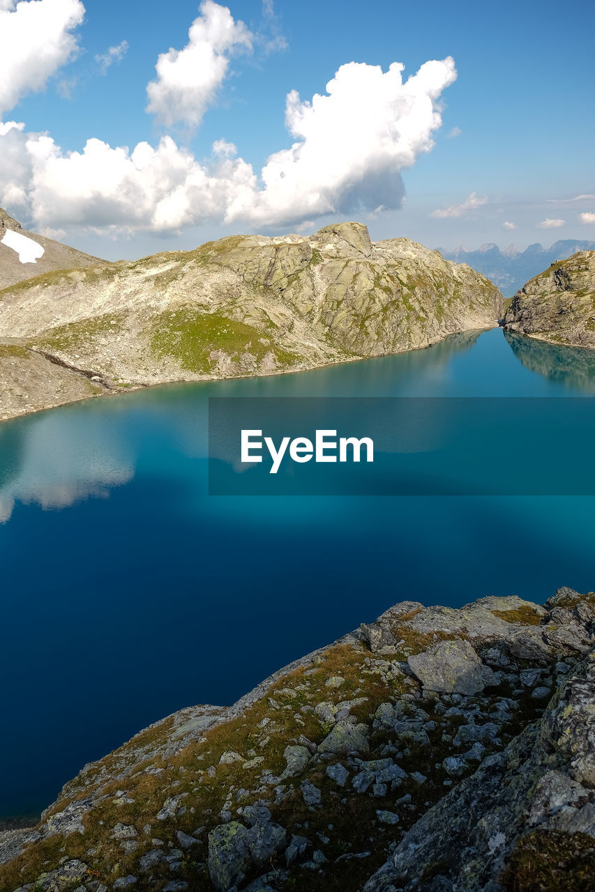 Scenic view of calm lake against cloudy sky