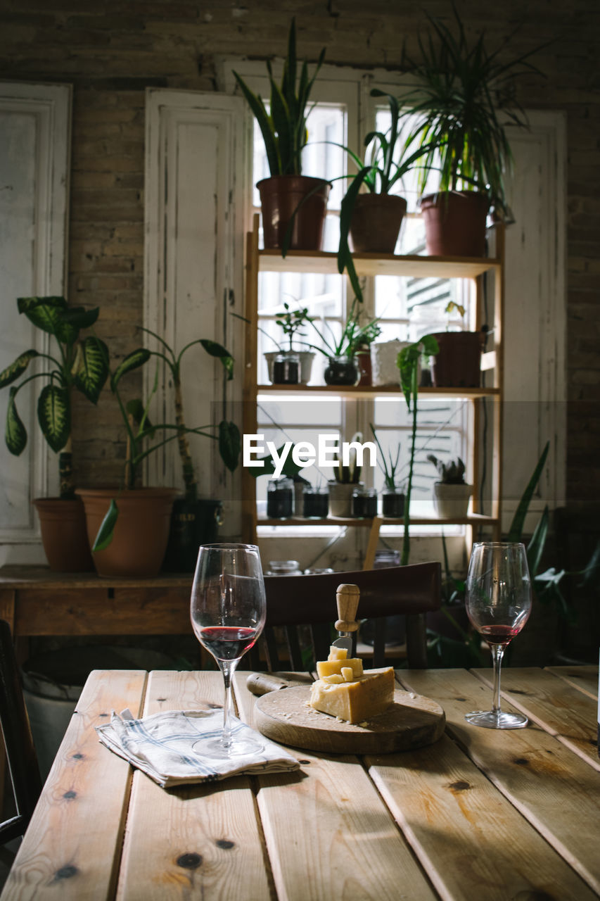 Glasses with red wine placed near cheese on wooden table in rustic restaurant with potted green plants on window