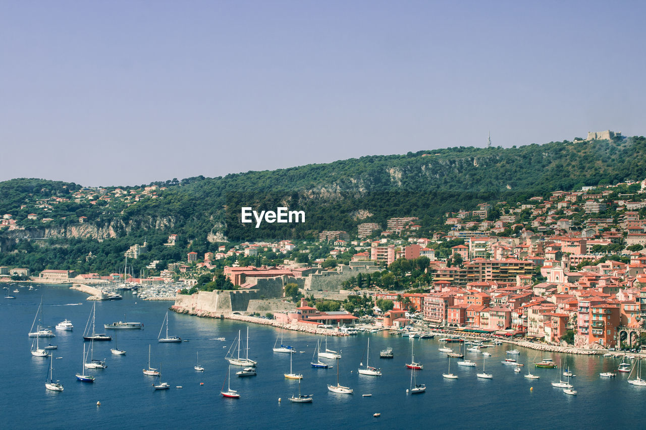 HIGH ANGLE VIEW OF CITYSCAPE AGAINST CLEAR SKY