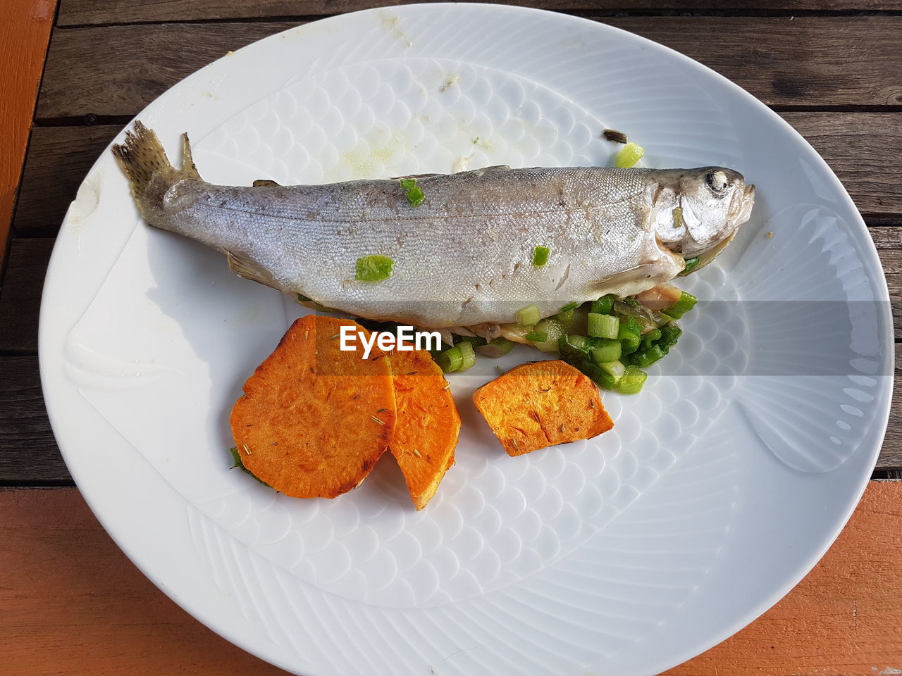 High angle view of food served in plate on table