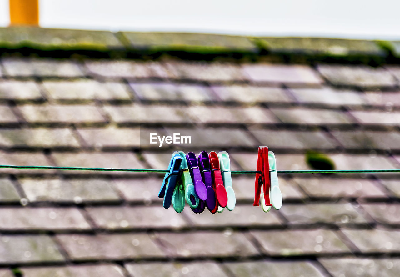 Plastic clothes pegs on the line in the backyard of a cottage