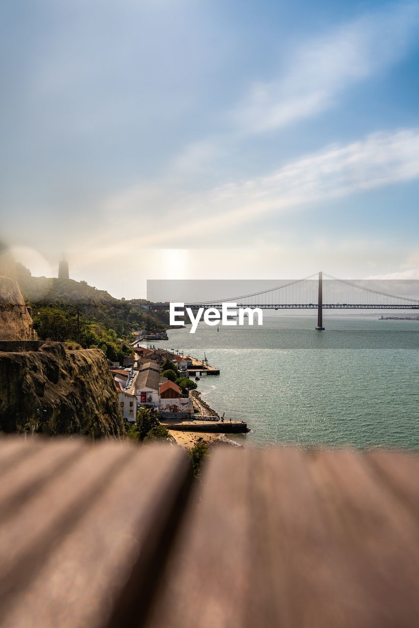 SCENIC VIEW OF SUSPENSION BRIDGE OVER SEA