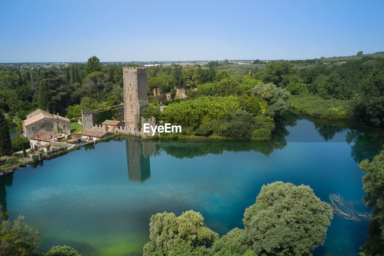 Aerial view of the gardens of ninfa in the country of cisterna di latina