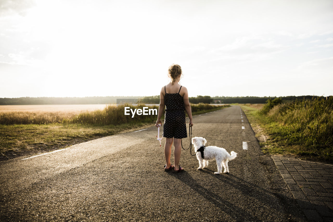 Girl with dog standing on rural road holding miniature wind turbine