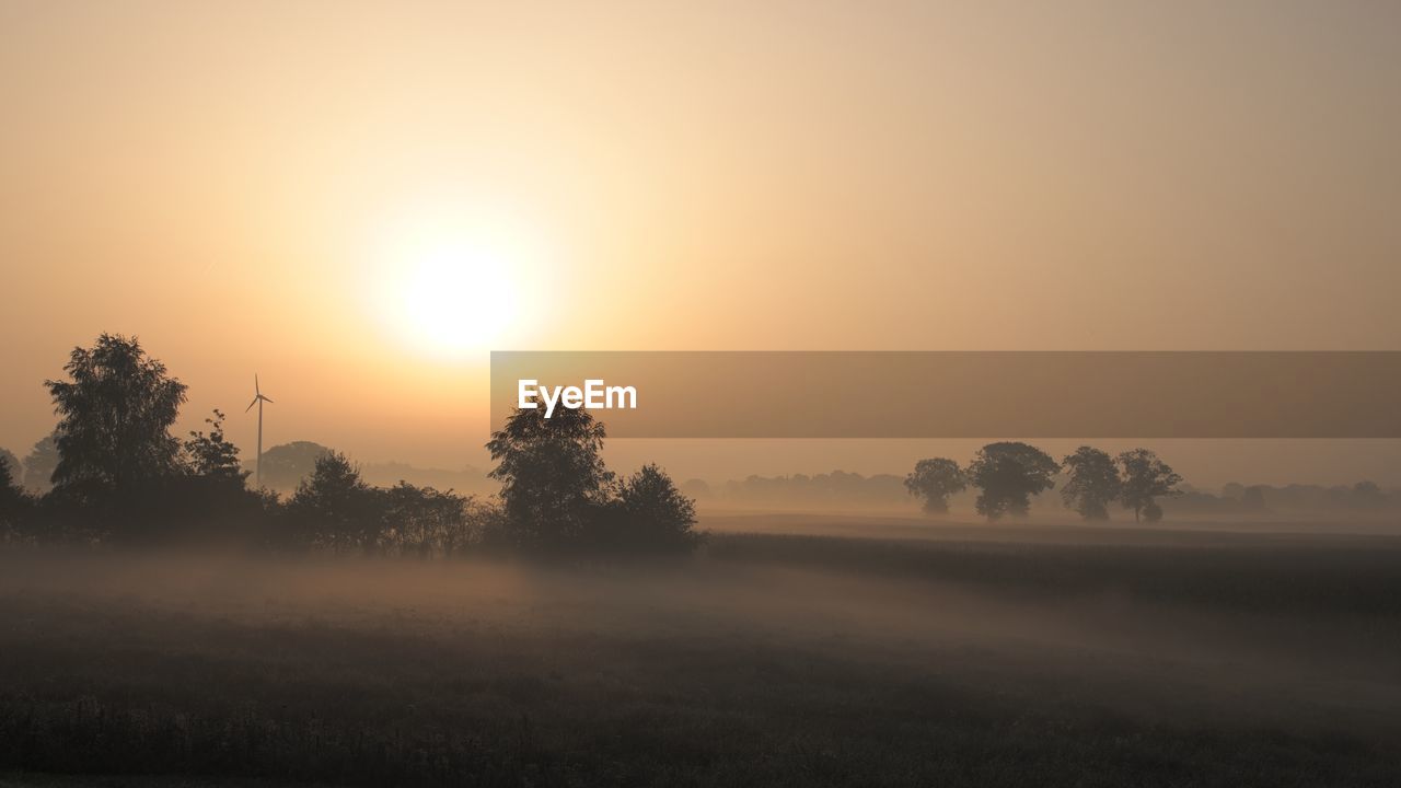 scenic view of field against clear sky during sunset