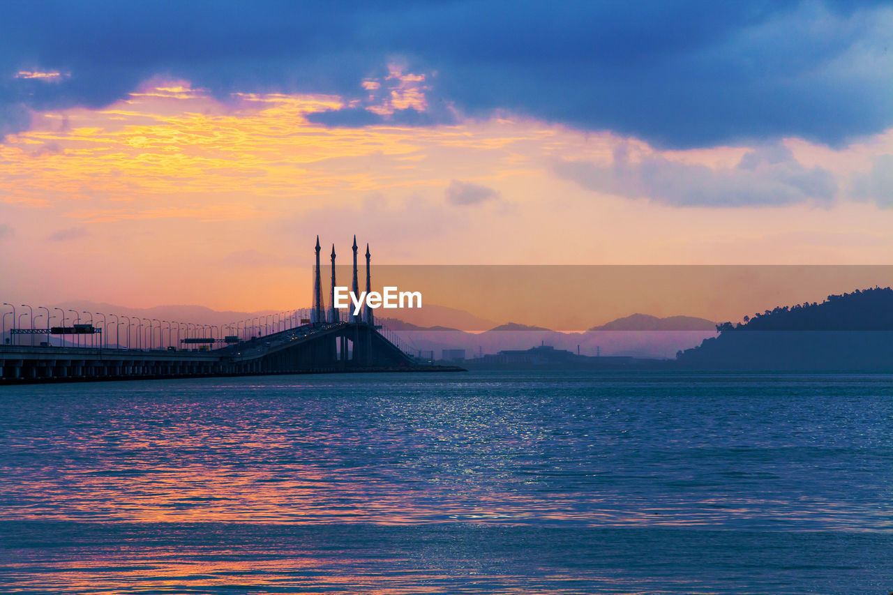 Scenic view of river against sky during sunset