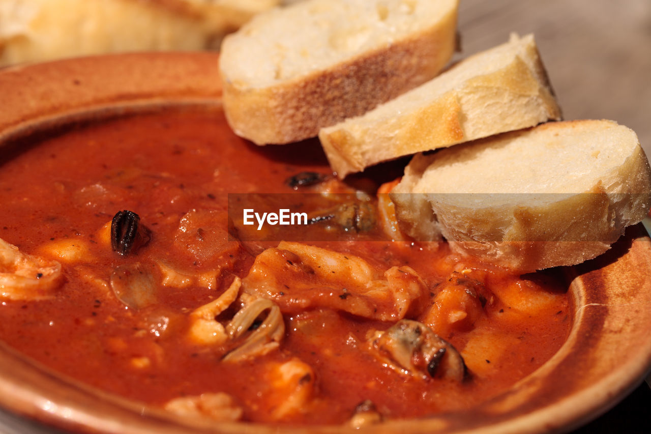 High angle view of soup in bowl on table