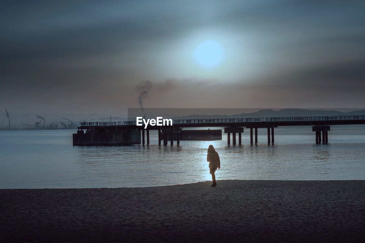 REAR VIEW OF MAN STANDING ON PIER BY SEA AGAINST SKY