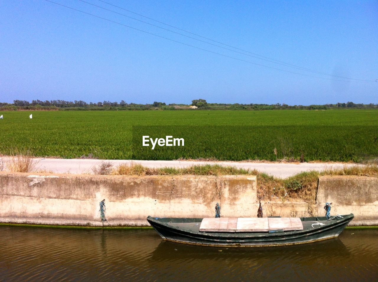 BOAT SAILING ON LAND AGAINST CLEAR SKY