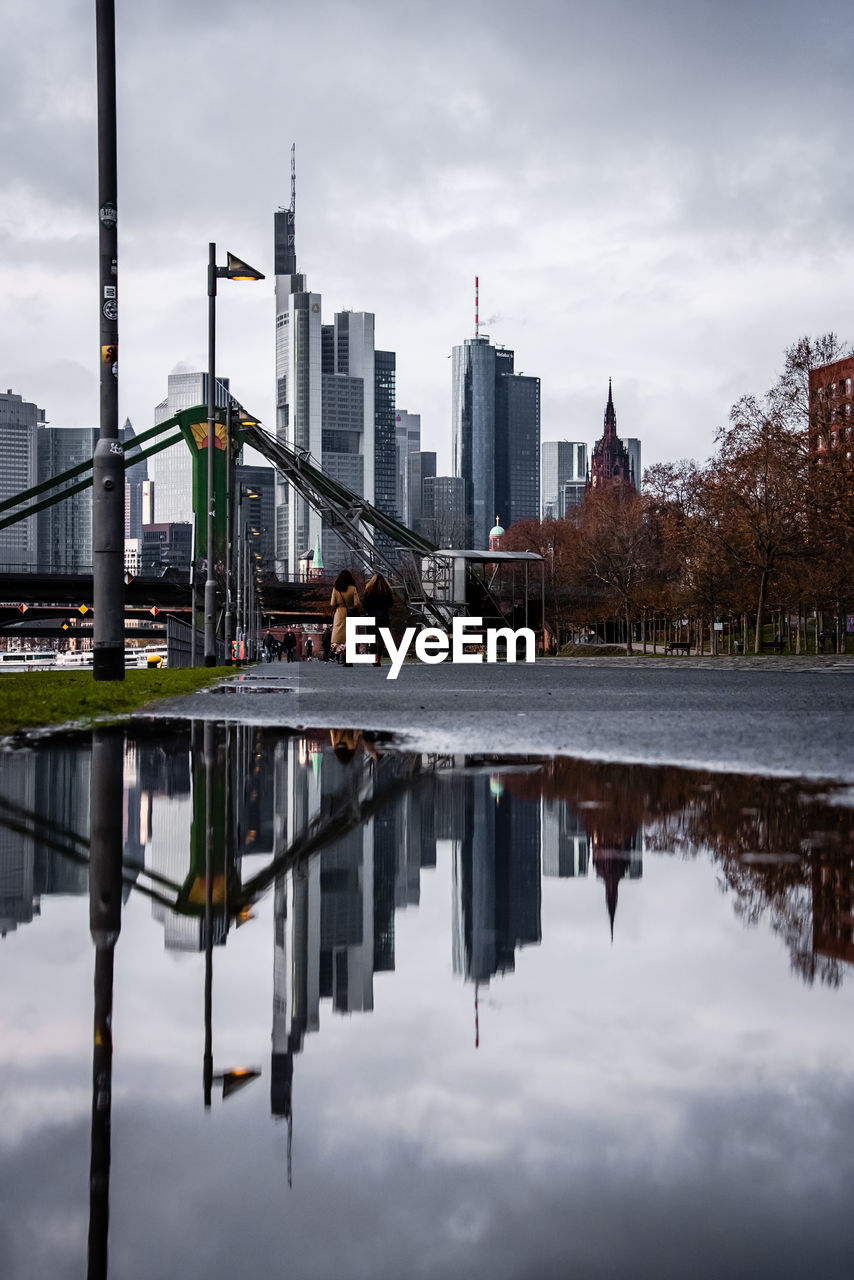 REFLECTION OF BUILDINGS ON WATER IN CITY