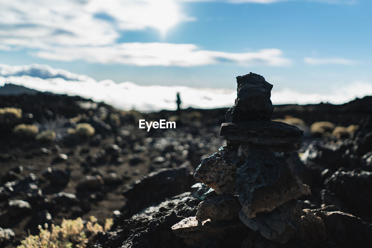 CLOSE-UP OF STACK OF ROCK ON LAND