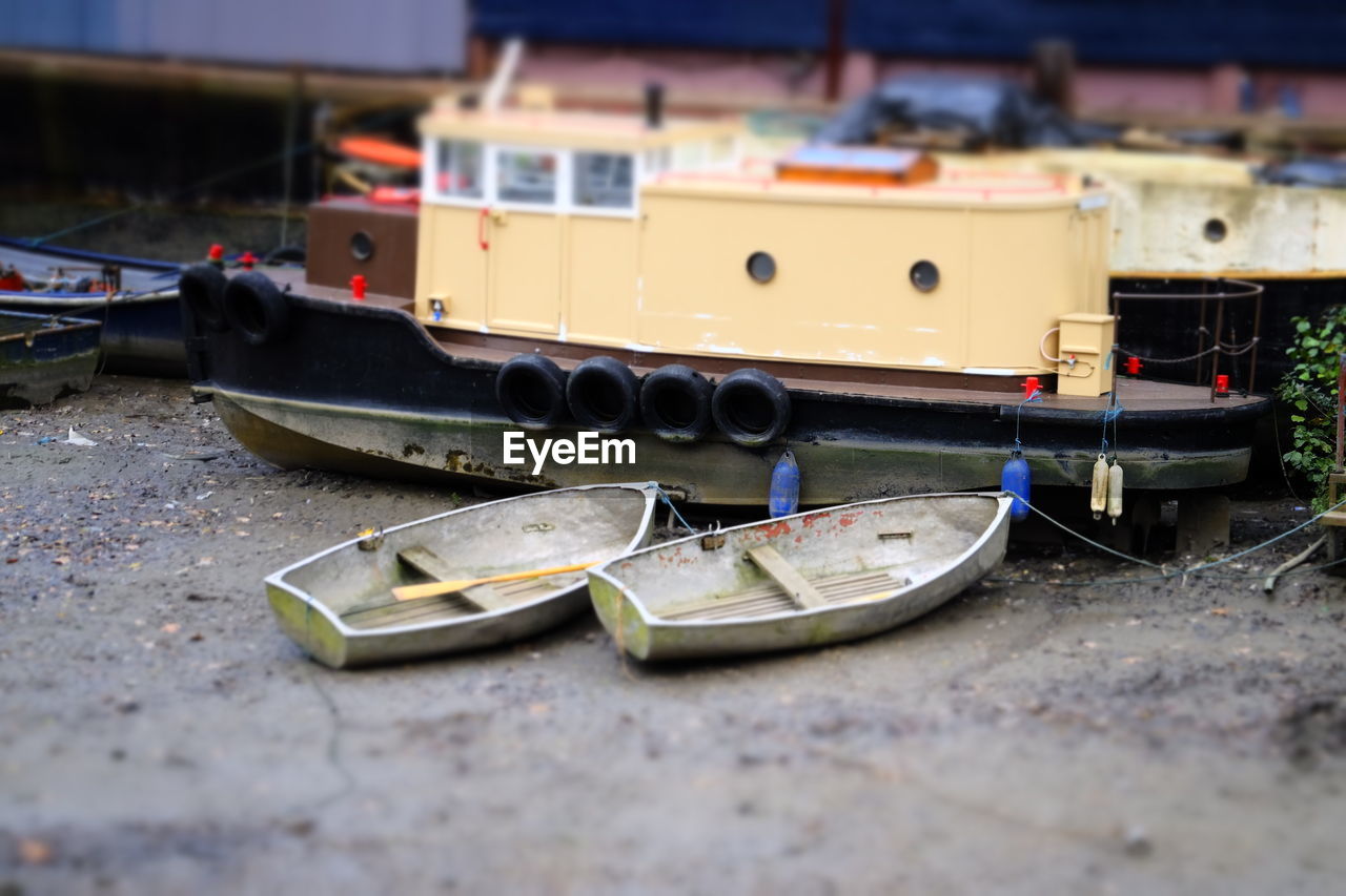 High angle view of boats moored at beach