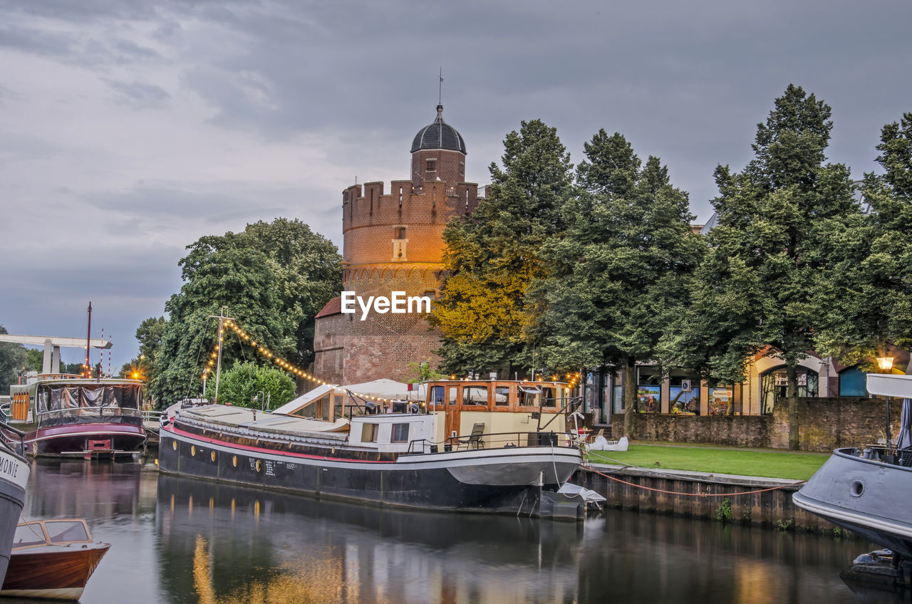 Historic barges and city wall in zwolle, the netherlands