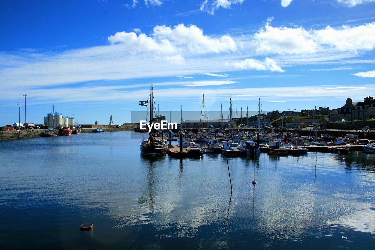 BOATS MOORED IN RIVER WITH CITY IN BACKGROUND