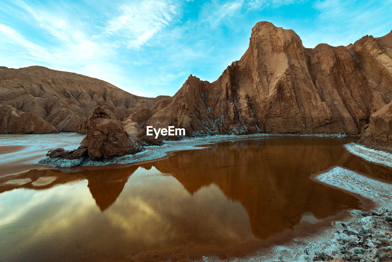 Scenic view of lake by mountains against sky