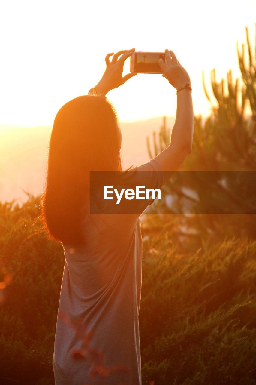 Rear view of woman standing on field at sunset