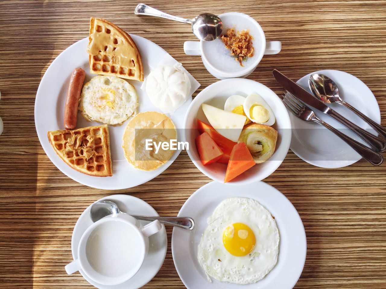 Directly above shot of foods served on table