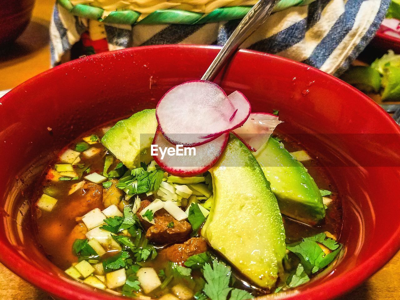 Close-up of soup in bowl on table